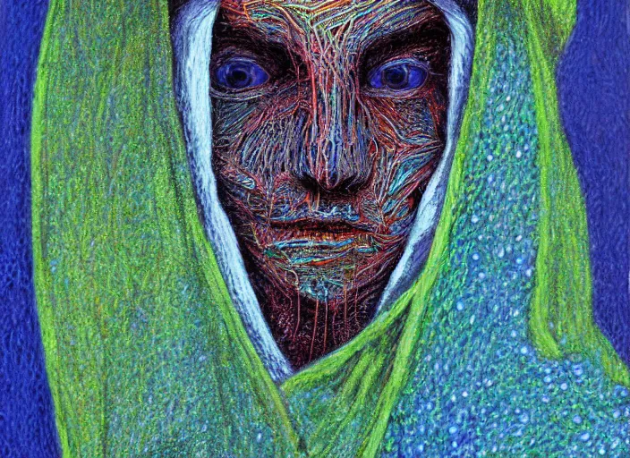 Prompt: man in cloak, hooded figure, oil, pastel, acrylic, oil on canvas, high detail, dots, stippling, clay, high resolution, clay, fractal, drip