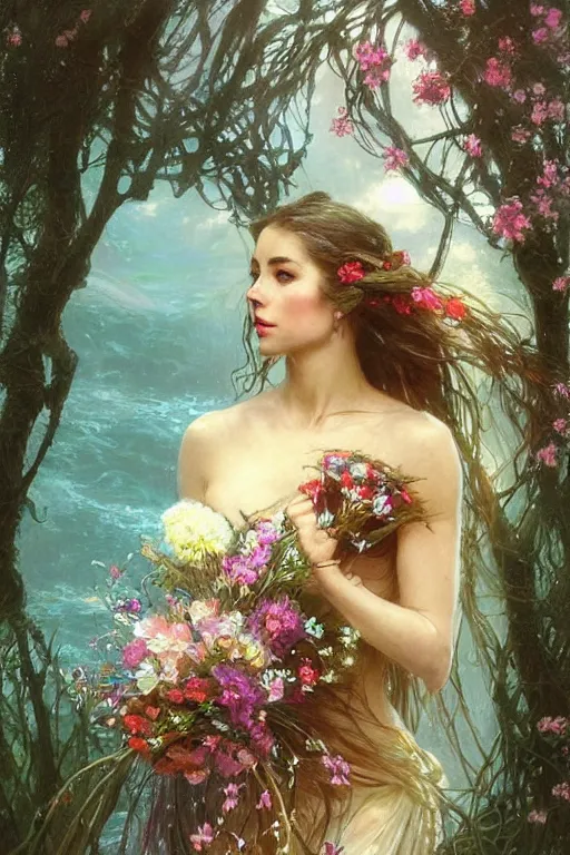 Image similar to portrait of a beautiful mysterious woman holding a bouquet of flowing flowers, wet dripping long hair, hands hidden under the bouquet, emerging from the water, fantasy, regal, intricate, by stanley artgerm lau, greg rutkowski, thomas kindkade, alphonse mucha, loish, norman rockwell