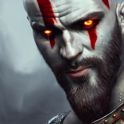 Prompt: portrait of kratos, intricate artwork, concept art, octane render, deviantart, cinematic, key art, hyperrealism, iridescent accents, portrait photograph, nikon 3 5 mm, photograph by greg rutkowski