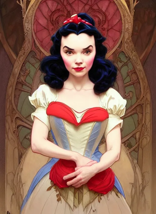 Image similar to portrait of disney snow white in a dress, intricate, elegant, highly detailed, my rendition, digital painting, loose pencil sketch, sketchy, artstation, concept art, smooth, sharp focus, illustration, art by artgerm and greg rutkowski and alphonse mucha and uang guangjian and gil elvgren and sachin teng, symmetry!!