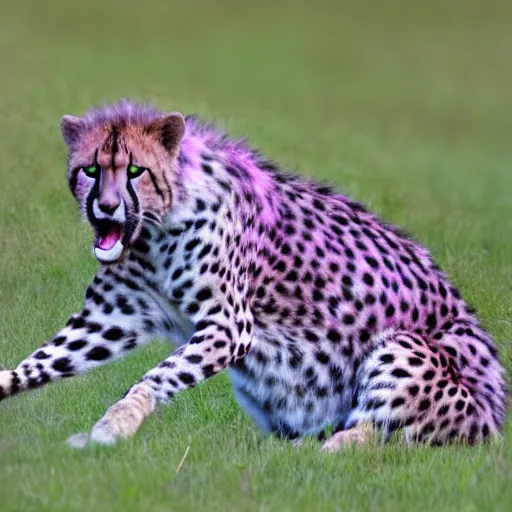 Image similar to chubby purple cheetah eating antelope