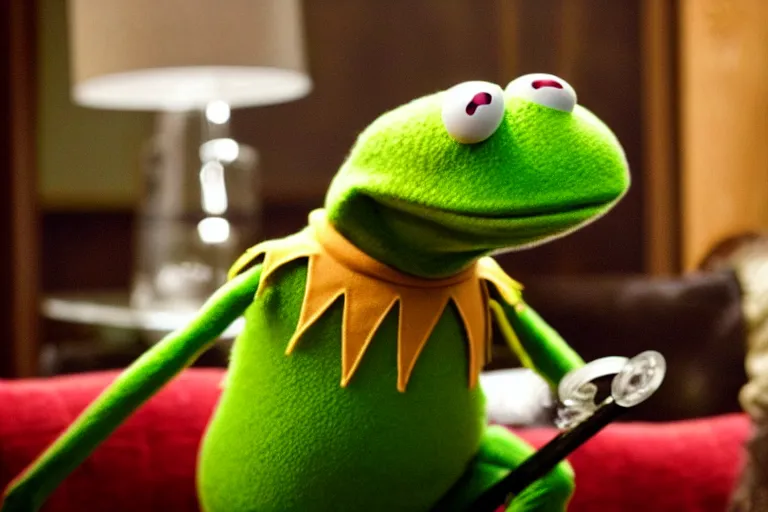 Image similar to candid photo of kermit the frog sitting on the couch hitting a bong, kermit the frog in ted ( 2 0 1 2 ) bong scene, kermit the frog using a bong, kermit smoking weed, bong rip, high resolution photo, trending on artstation, interior design,