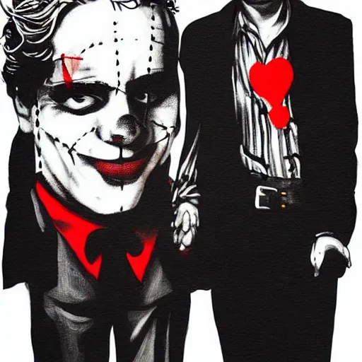 Image similar to mimmo rottela and banksy as joaquin phoenix skinny joker holding hand lady gaga harley queen, photorealistic, intricate details, pop art style, baroque, hyperdetailed, concept art