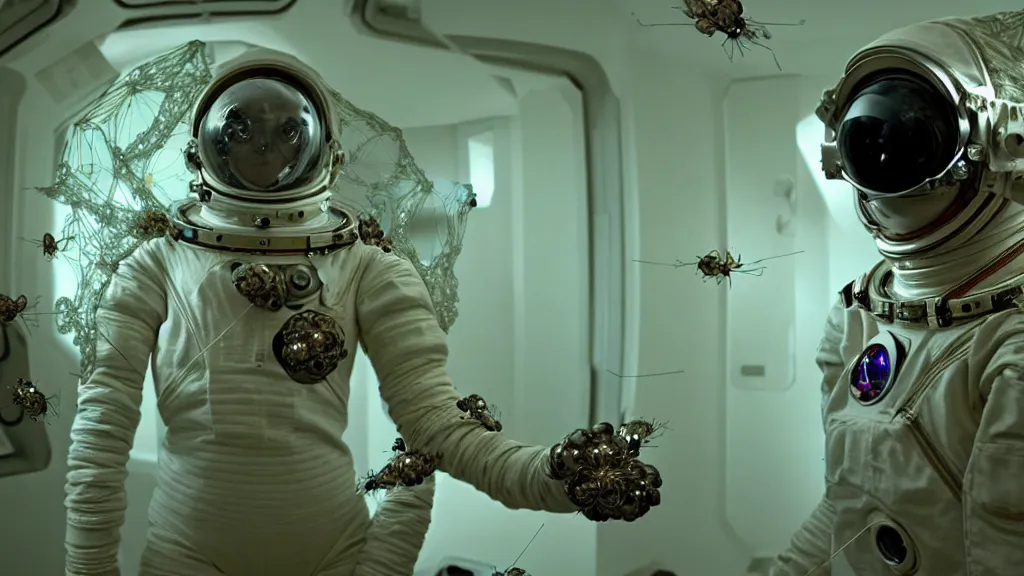 Image similar to a cybernetic symbiosis of a single astronaut eva suit infected with diamond 3d fractal lace iridescent bubble 3d skin covered with insectoid compound eye camera lenses floats through the living room, film still from the movie directed by Denis Villeneuve with art direction by Salvador Dalí, wide lens,