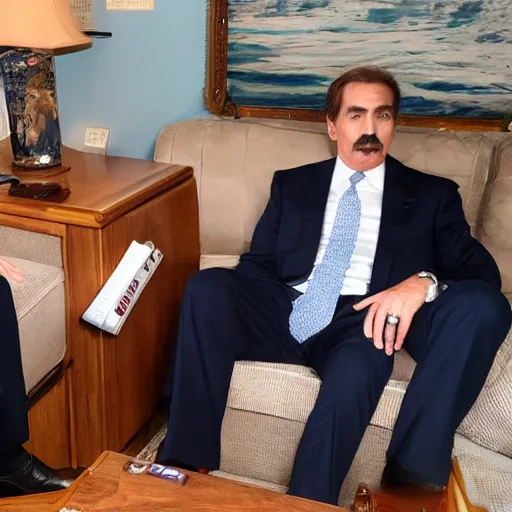 Prompt: mike lindell sitting next to hunter biden on dingy couch in a crackhouse smoking crack