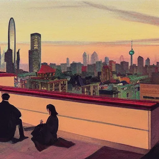 Image similar to a small rooftop with a couple of people sitting and watching the view, wearing black modern clothes, modern shanghai bund is on the background, sunset, by edward hopper, by gregory crewdson