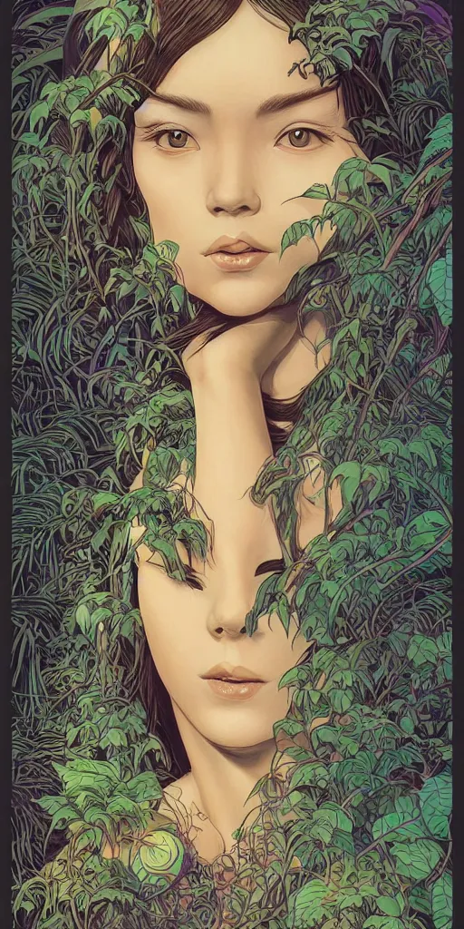 Image similar to a sculpture of mythical creatures by syd mead and audrey kawasaki, elegant and unusually large beautiful female face emerging from the jungle, intricate, elegant, highly detailed, digital painting by audrey kawasaki, artstation, concept art, ambient occlusion, vray render,