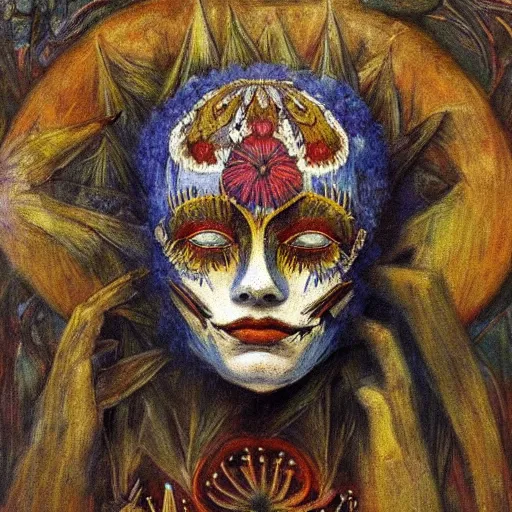 Image similar to masterpiece painting of a facemask made of flowers, by annie swynnerton and jean delville and tino rodriguez and diego rivera, flower shaman, spooky dark eldritch art, art brut, symbolist, dramatic lighting, god rays, elaborate geometric ornament, clean crisp graphics, soft cool colors, smooth sharp focus, extremely detailed, adolf wolfli