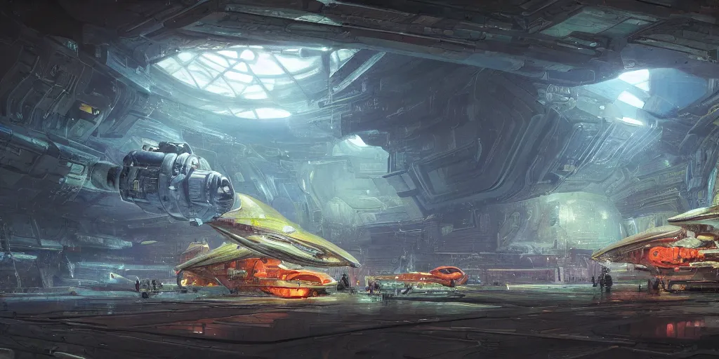 Image similar to an extremely detailed masterpiece epic color scene of the inside of a cavernous spaceship cargo bay with various types of parked spacecraft with pilots an opened hanger door space scene in background, in the style of frank paul lehr and lebbeus woods, intricate, elegant, highly detailed, digital painting, artstation, cinematic lighting, extremely moody lighting, glowing light and shadow, 4 k