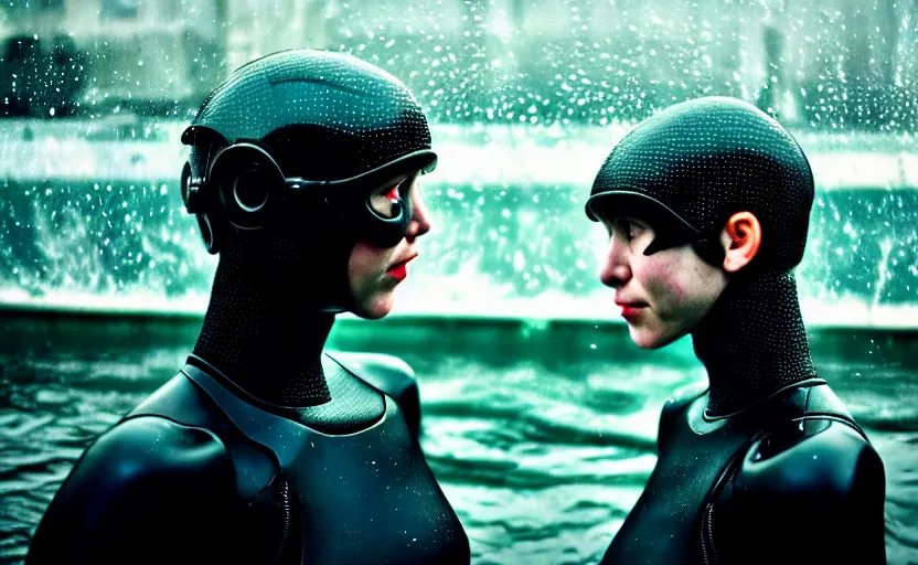 Prompt: cinestill 5 0 d candid action photographic portrait by helen levitt of two loving female androids wearing rugged black mesh techwear in treacherous waters, extreme closeup, modern cyberpunk retrofuturism moody emotional cinematic, pouring iridescent rain, 8 k, hd, high resolution, 3 5 mm, f / 3 2, motion blur, ultra realistic faces, ex machina
