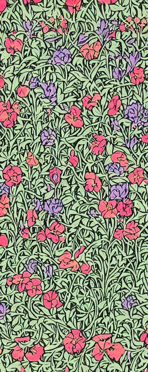 Image similar to spring flowers, happy and beautiful, by jacdraws and william morris