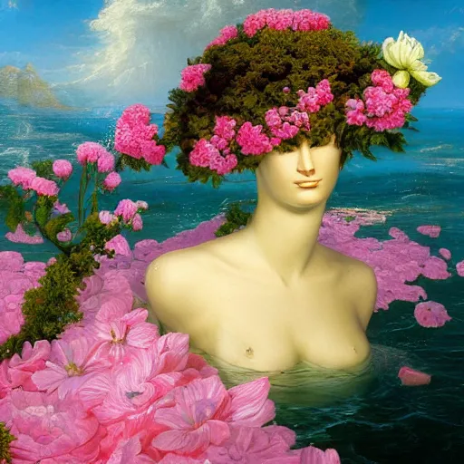 Image similar to award winning masterpiece with incredible details, a surreal vaporwave vaporwave vaporwave vaporwave vaporwave painting by Thomas Cole of an old pink mannequin head with flowers growing out, sinking underwater, highly detailed