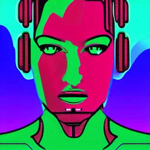 Prompt: a portrait of a beautiful cyborg, in retro colors, synthwave style, 2 d digital vector art