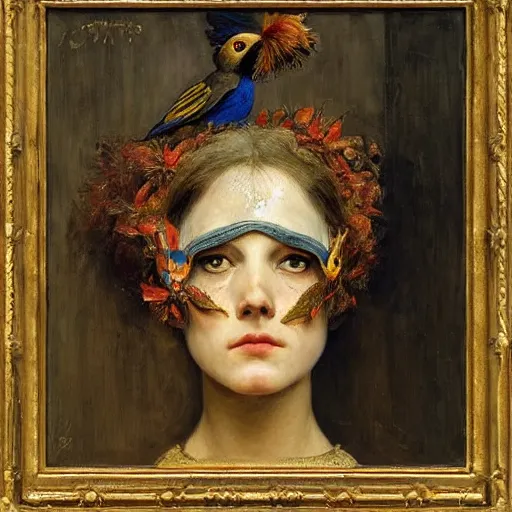 Image similar to a beautiful young clockwork girl wearing a bird mask, by annie swynnerton and diego rivera and elihu vedder, dramatic lighting, elaborate geometric ornament, head and shoulders view, soft cool colors, smooth, sharp focus, extremely detailed, adolf wolfli, donato giancola