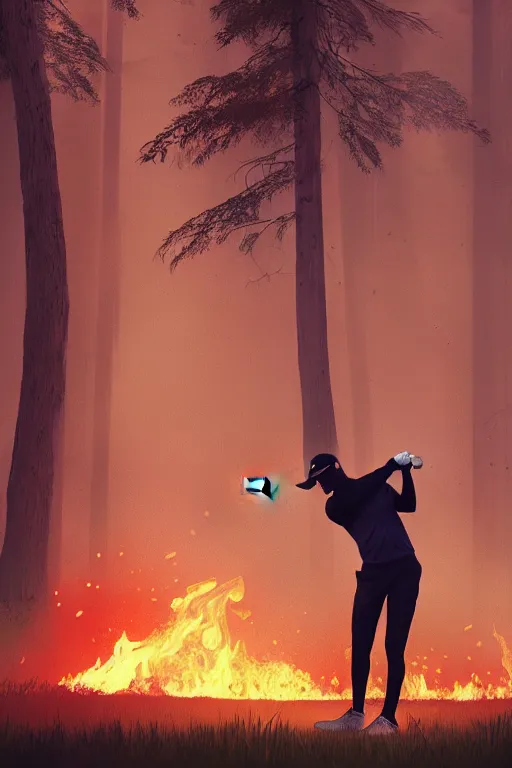 Image similar to close-up of an athletic golf player in a lush golf course with automatic watering, low angle, magical lights, golden hour, surrounded by burning forests, smoke from the fire, digital painting, cinematic, 4k, forest ray light, particles light, ilya kuvshinov, Greg Rutkowski, Beeple