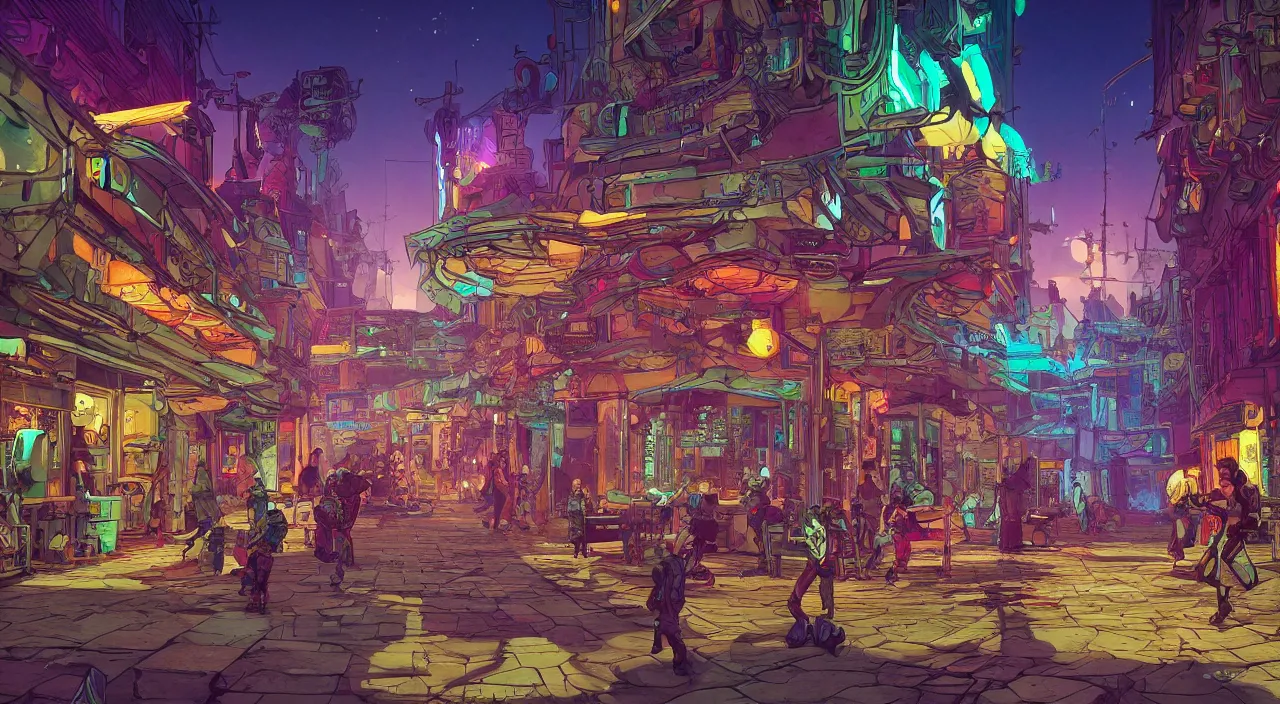 Image similar to bazaar zouk oriantal full color sky shine place mosquet painting stylized digital illustration video game icon global illumination ray tracing that looks like it is from borderlands and by feng zhu and loish and laurie greasley, victo ngai, andreas rocha, john harris