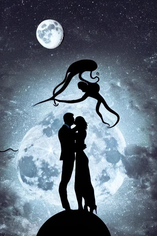 Image similar to the background is a huge moon. in the night environment, a man jumps into the air with a woman in his arms. in the middle of the moon are two figures in black silhouettes. at the bottom of the picture are some dancing octopus tentacles