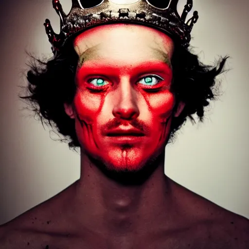 Prompt: man with a crown, red eyes, smirk,