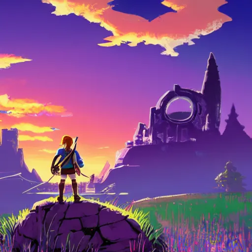 Prompt: Magical purple portal, castle ruins in background, sunset, glowing sun, miss, style of breath of the wild, studio ghibli
