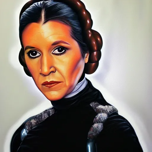 Prompt: black velvet painting of princess leia, photorealism,