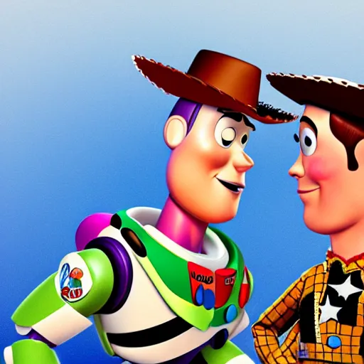 Prompt: woody from toy story kissing buzz lightyear realistic drawing