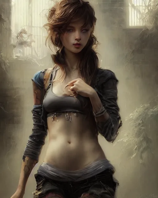 Image similar to daniel gerhartz and artgerm detailed portrait digital rococo painting of a beautiful woman wearing streetwear clothing, abandoned warehouse interior in the background, unreal engine, hyper realism, realistic shading, cinematic composition, realistic render, octane render, hdr, detailed textures, photorealistic, ultrawide shot, 3 5 mm film