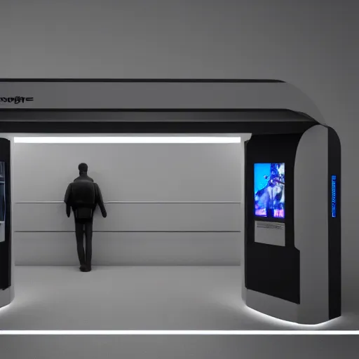 Prompt: indoor charging kiosk, brutalist, futuristic, in-game screenshot, 4k, 3d render, artstation, cgsociety