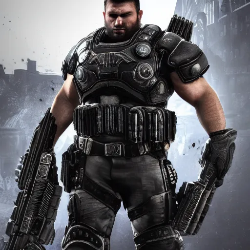 Prompt: GigaChad in Gears of War, highly detailed, high quality, HD, 4k, 8k, Canon 300mm, professional photographer, 40mp, lifelike, top-rated, award winning, realistic, sharp, no blur, edited, corrected, trending