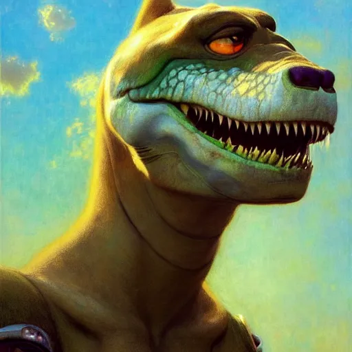 Image similar to a portrait of a beautiful female t - rex zootopia fursona furaffinity furry art detailed face painting by gaston bussiere craig mullins jc leyendecker gustav klimt artgerm greg rutkowski furry