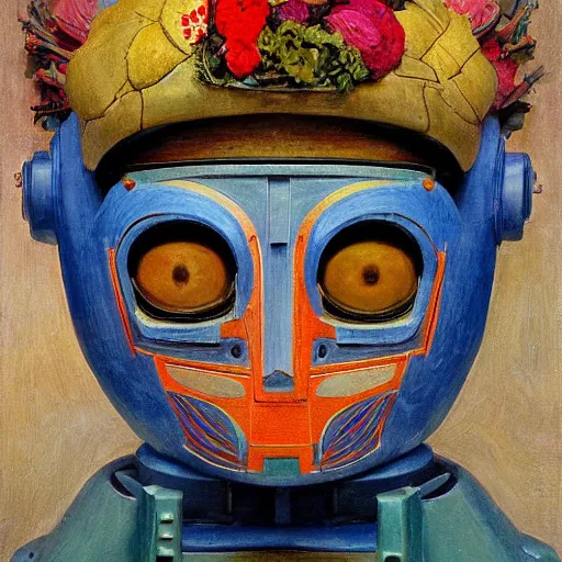 Image similar to painting of an android robot wearing a mask made of flowers, by annie swynnerton and diego rivera and ( ( tino rodriguez ) ), symbolist, dramatic lighting, elaborate geometric ornament, art brut, soft cool colors, smooth, sharp focus, extremely detailed, adolf wolfli