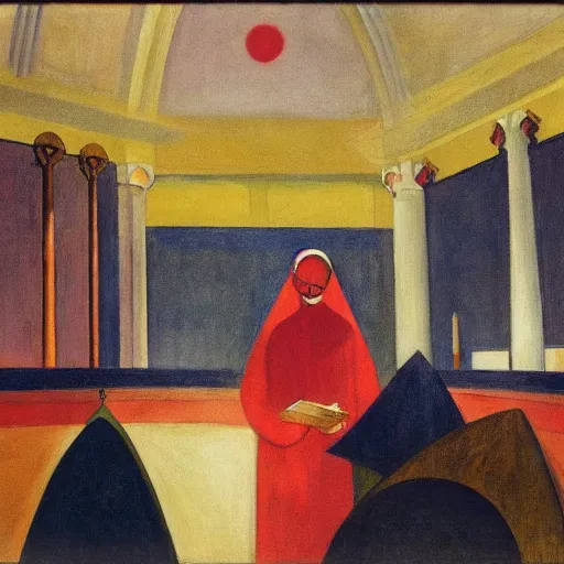 Image similar to scene,prayer,occult,refugees,mosque synagogue interior,masks,geometric art,prism,patina,edward hopper,hilma af klint