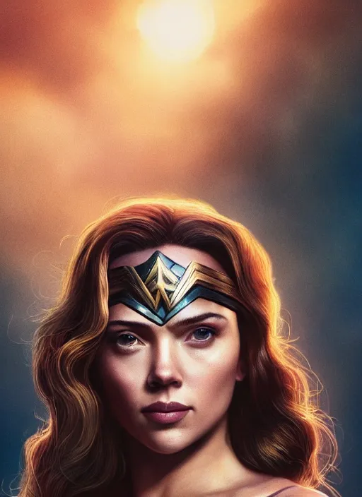 Image similar to a portrait of scarlett johannson as wonder woman, detailed faces, beautiful, rich deep colours masterpiece, golden hour, sharp focus, ultra detailed, by leesha hannigan, ross tran, thierry doizon, kai carpenter, ignacio fernandez rios