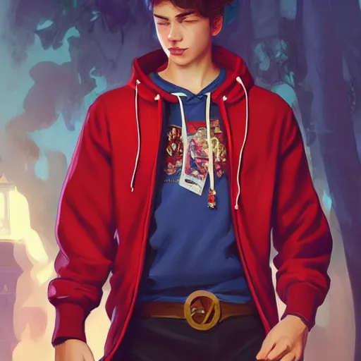 Prompt: a preppy magic student boy wearing a red hoodie, holding a bell, d & d, fantasy, intricate, cinematic lighting, highly detailed, digital painting, artstation, concept art, smooth, sharp focus, illustration, art by artgerm and greg rutkowski and alphonse mucha