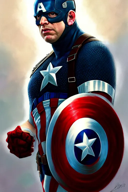 Image similar to Boris Johnson as Captain America, realistic portrait, symmetrical, highly detailed, digital painting, artstation, concept art, smooth, sharp focus, illustration, cinematic lighting, art by artgerm and greg rutkowski and alphonse mucha