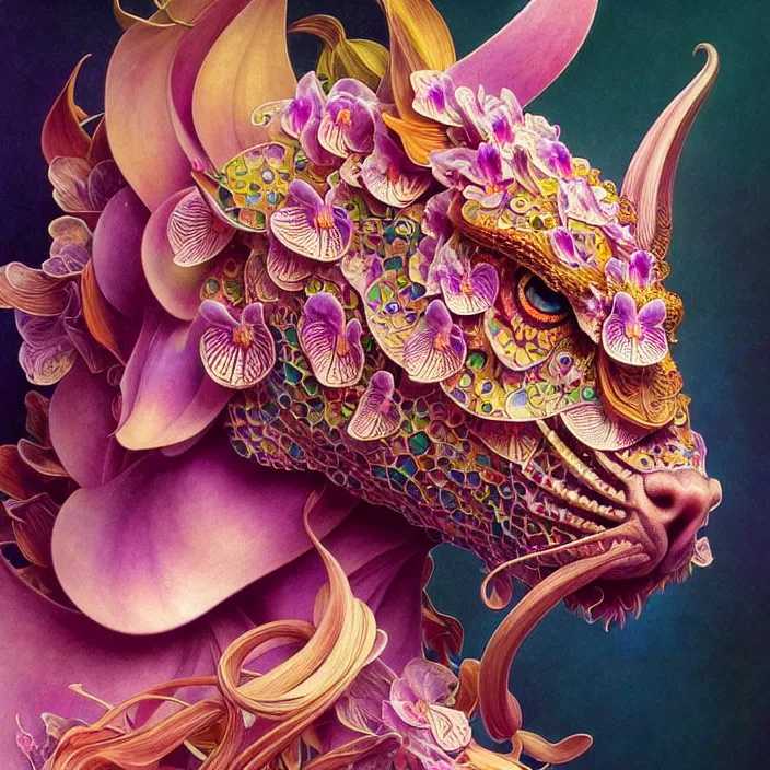 Image similar to psychedelic animal made of orchid, diffuse lighting, fantasy, intricate, elegant, highly detailed, lifelike, photorealistic, digital painting, artstation, illustration, concept art, smooth, sharp focus, art by John Collier and Albert Aublet and Krenz Cushart and Artem Demura and Alphonse Mucha