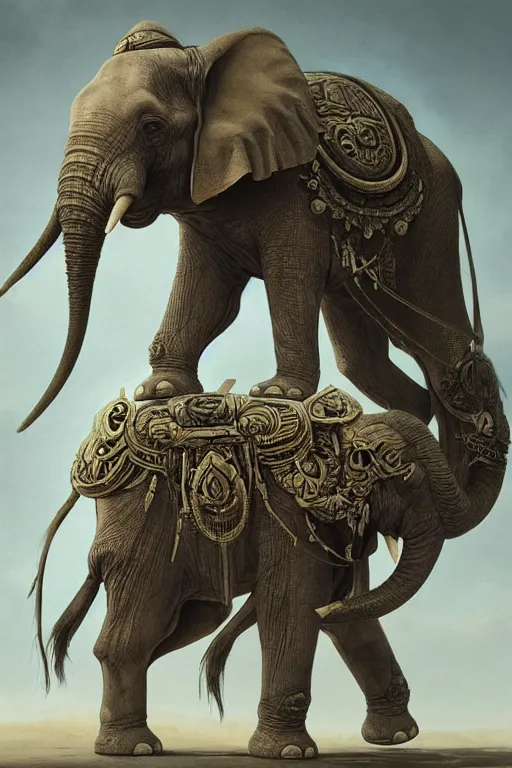 Prompt: ancient psychic tandem war elephant, concept art, by ernst haeckel, artgerm, greg rutkowski, h. r. giger and zdislaw beksinski, octane render, trending on artstation