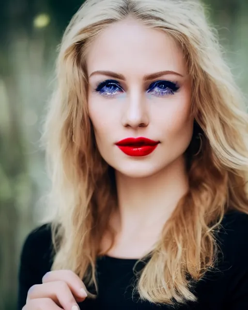 Image similar to A portrait of a beautiful blonde woman with beautiful blue eyes and beautiful red lips, piercing eyes, in heaven, highly detailed, bokeh, professional photograph, full body shot 4K, HD