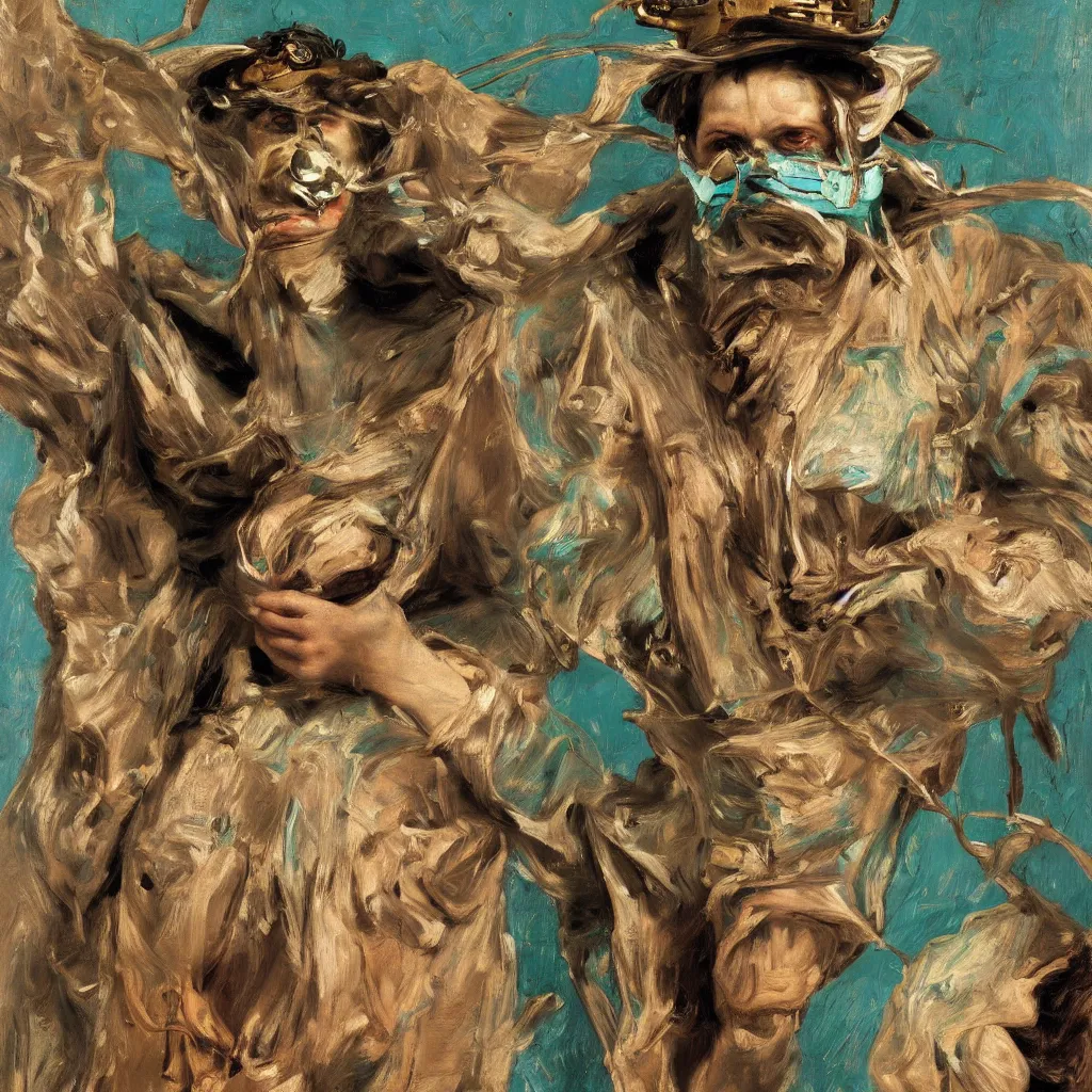 Image similar to high quality high detail painting by lucian freud, jenny savile, ilya repin and john singer sargent, steampunk crazy person with face mask dancing, turquoise, hd