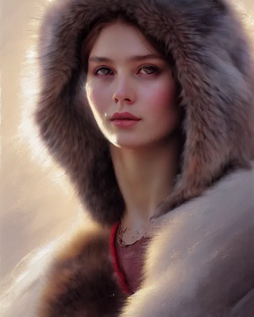 Image similar to a beautiful siberian girl with bear fur coat and decollete | | realistic shaded, unpleasant face, bad looking, fine details, realistic shaded lighting poster by greg rutkowski, magali villeneuve, artgerm, jeremy lipkin and michael garmash and rob rey