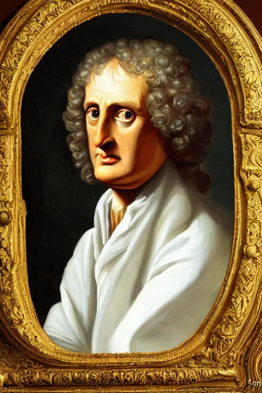 Prompt: Isaac Newton, the apple and the moon, oil on canvas, intricate, 8k highly professionally detailed, HDR, CGsociety