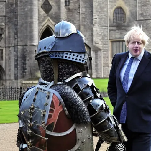 Image similar to Boris Johnson with armour like a medieval knight, photo