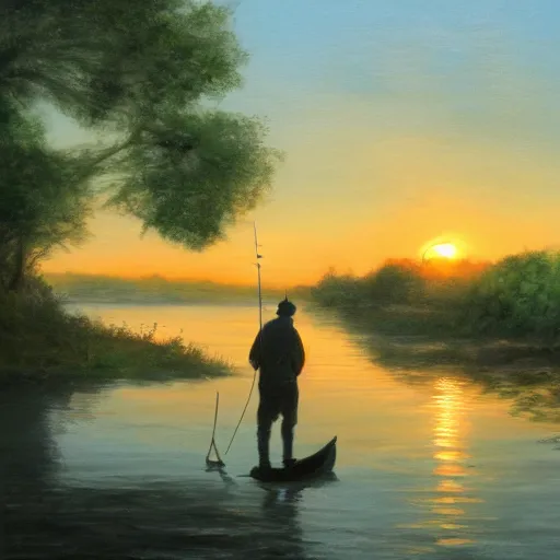 Prompt: fisherman by a river, sunset