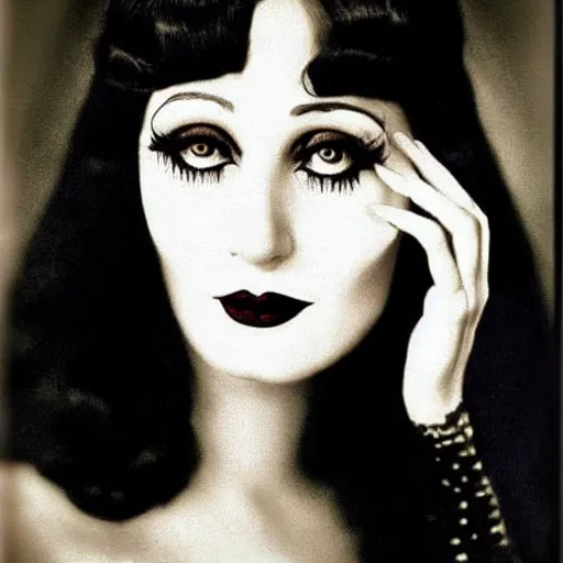 Image similar to young woman, angelica morticia addams, long black hair, short, flapper, vintage, creepy, beautiful, macabre