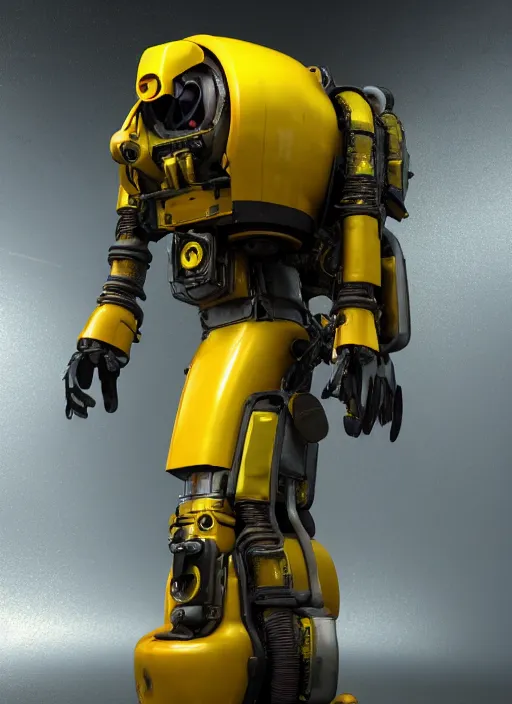 Prompt: a photorealistic dramatic hyperrealistic render of a exosuit deep sea submersible, ultra realistic details, glossy yellow, well worn, rust, oil stains by vitaly bulgarov and mike nash, beautiful dramatic dark moody tones and lighting, cinematic atmosphere, studio lighting, global illumination, shadows, dark background, octane render, 8 k