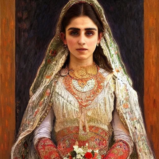 Image similar to full body portrait of a beautiful Kurdish bride wearing a beautiful wedding dress, very detailed eyes, hyperrealistic, beautiful and symmetrical face, very detailed painting by Claude Monet and Alphonse Mucha, trending on artstation, extremely high detail, incredibly intricate