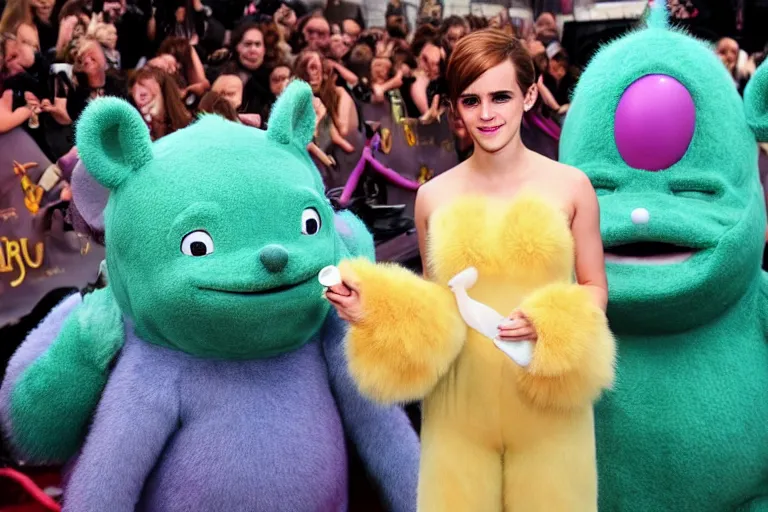 Image similar to photo, emma watson as antropomorphic furry - rat, teletubbies tinky winky, eats icecream, highly detailed, intricate details