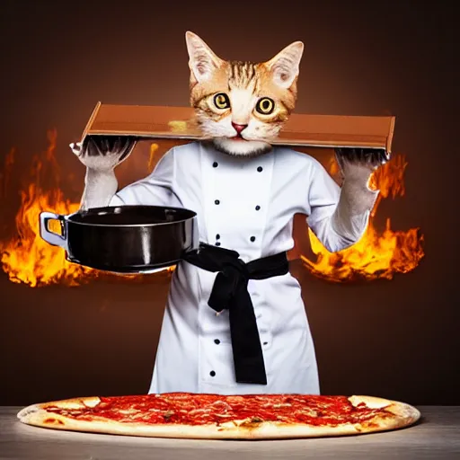 Prompt: studio photograph, a cat dressed as a chef taking a pizza out of an oven