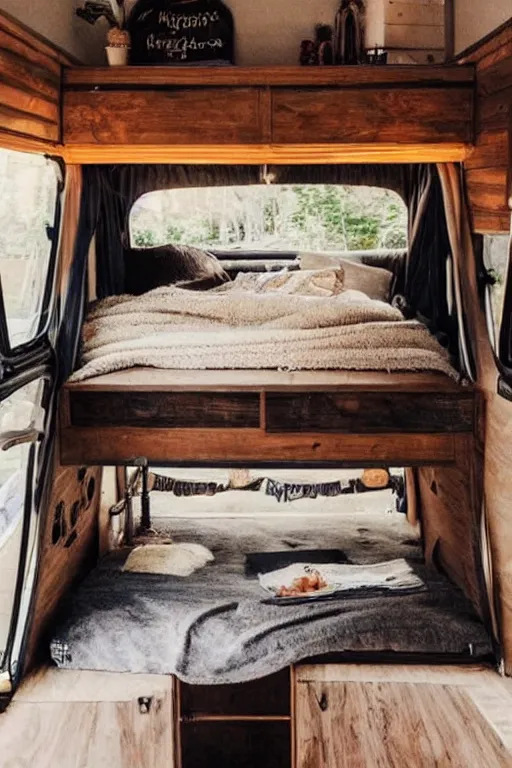 Prompt: conversion van interior, bohemian style, van life, light wood