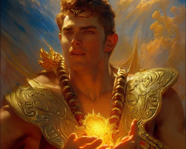 Image similar to attractive heroic male deity, casts magic, summoning handsome heroic lucifer morning star. highly detailed painting by gaston bussiere, craig mullins, j. c. leyendecker 8 k