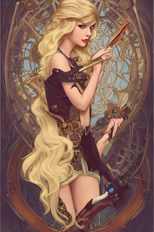 Image similar to taylor swift as a steampunk princess, blonde hair, high fantasy, dnd, smooth, sharp focus, illustration, highly detailed, digital painting, artstation, concept art, by disney animation, rossdraws, alphonse mucha, frank fanzzeta, collectible card art